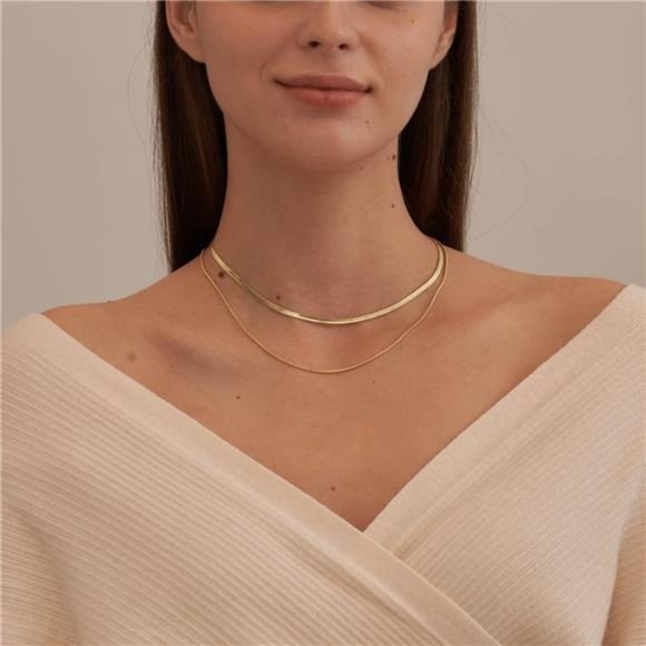 14K Gold Plated Snake Chain Necklace Set Herringbone Choker Necklaces Women - Picture 4 of 6